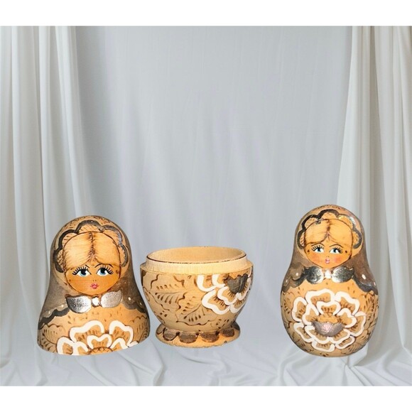 Hand Painted Wood Burned Russian Matryoshka Nesting Doll 3.75” Set of 3 - Picture 5 of 8